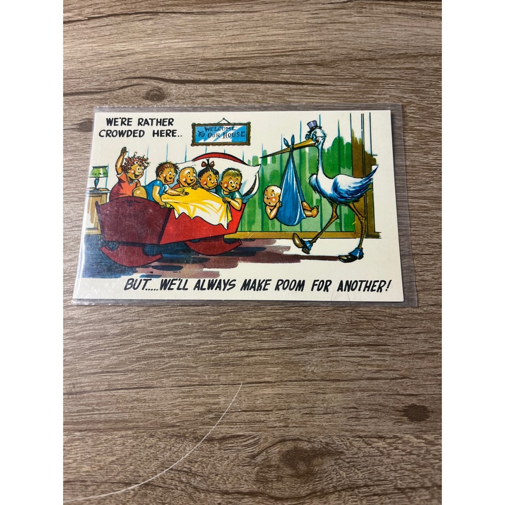 Vintage Birth Announcement Postcard‎ Stork Delivering Baby Humor Retro